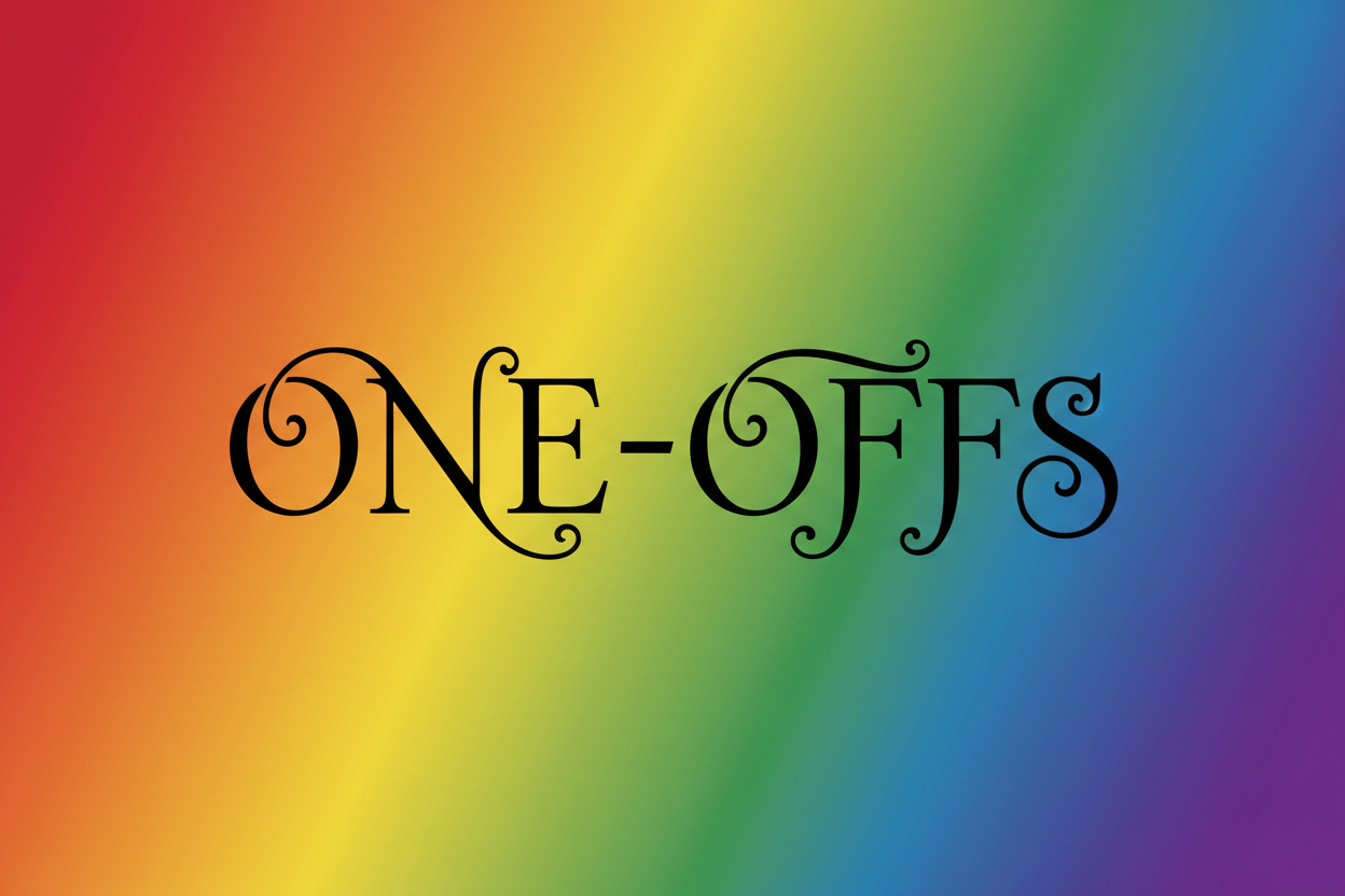 THE WORD ONE-OFFS IN PRETTY FONT IN BLACK ON RAINBOW BACKGROUNG