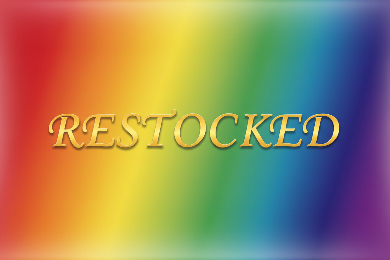 THE WORD RESTOCKED IN PAPYRUS FONT ON RAINBOW BACKGROUND